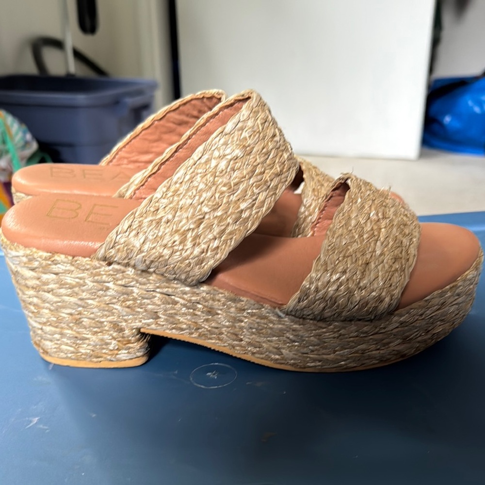 Tan Espadrille Platform Shoes with Woven Design